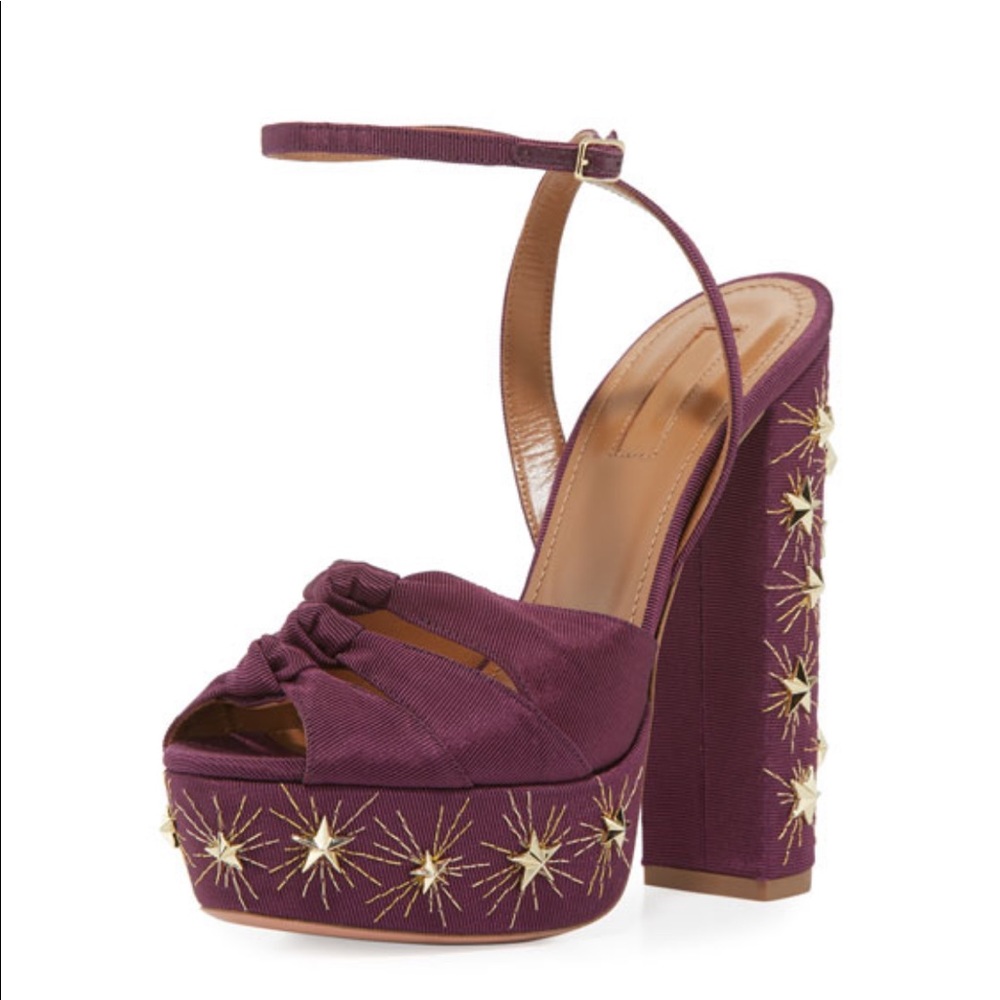 $895 AQUAZZURA Mira Embellished Twill Platform Sandal Plum 37.5